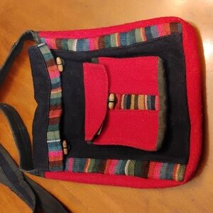Unique Wool Crossbody Hobo Bag Toggle Buttons BOHO Lined Blue & Red Colorful